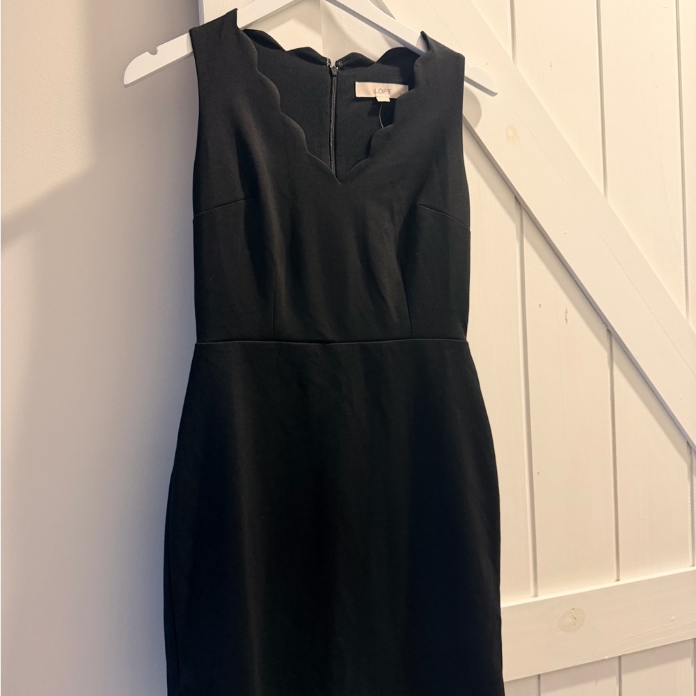 NWT LOFT Black Scallop Neck Midi Sheath Dress